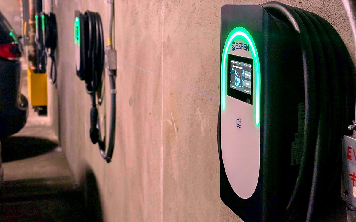 ESPEN Level 2 EV chargers installed in a parking garage by Current Energy