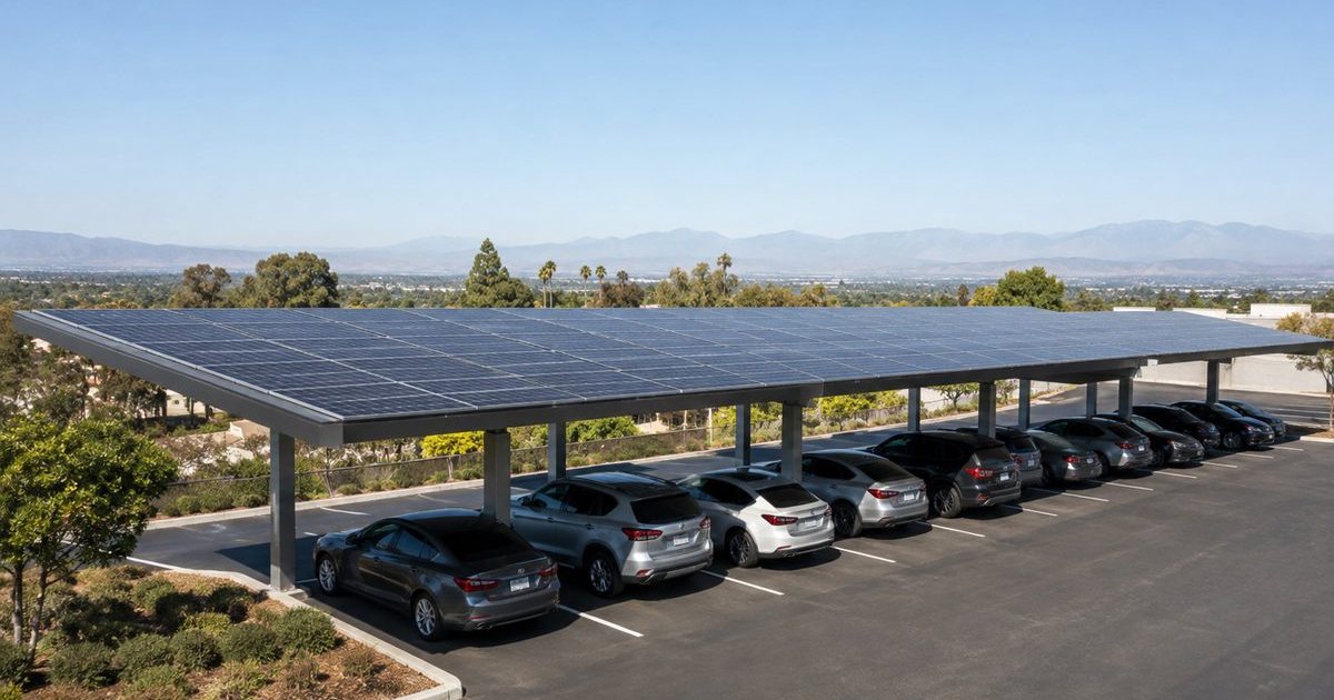 Solar carport shading a row of parked cars at a Southern California commercial property, with the foothills behind