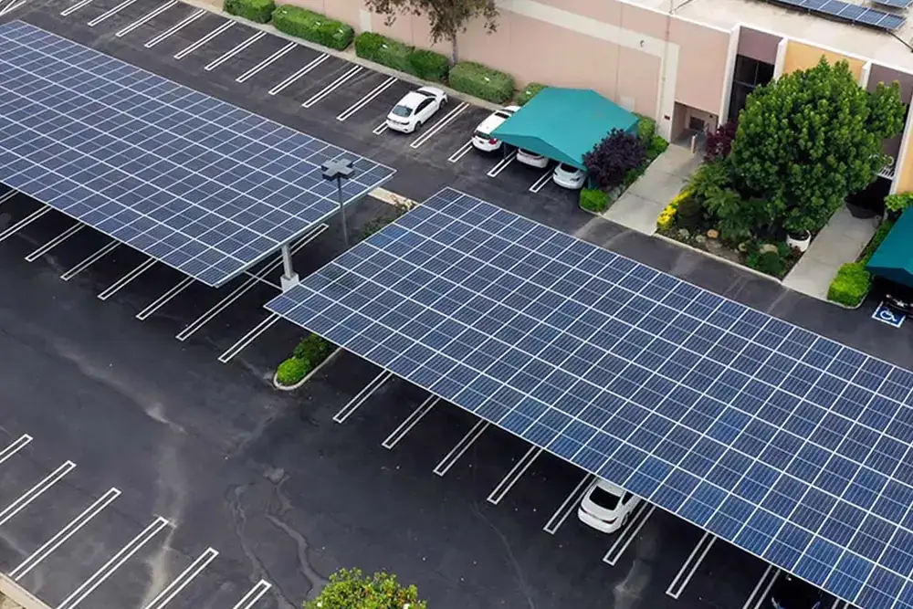 Solar carports over a commercial parking lot in Chatsworth