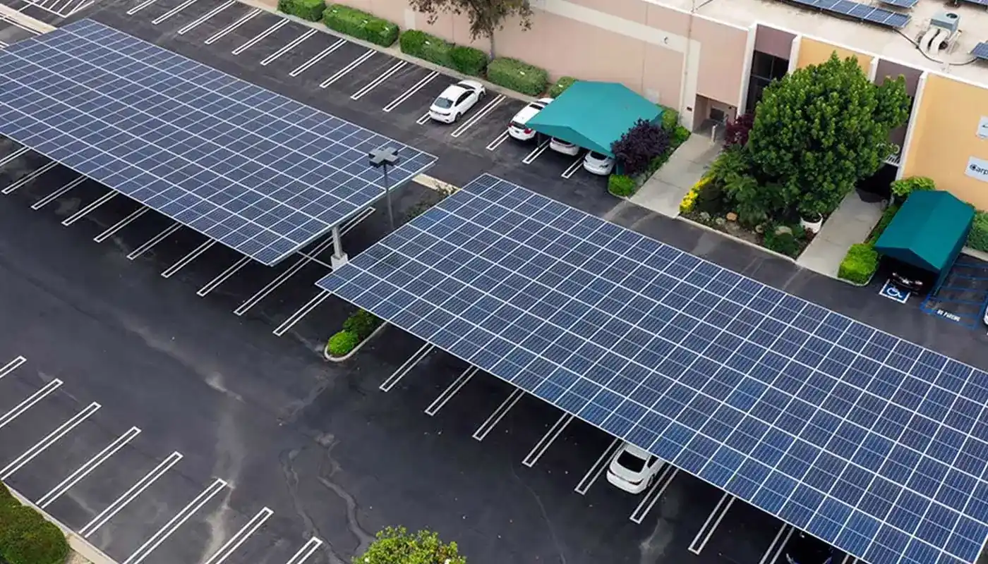 Solar carport canopies shading parking stalls at a commercial building in Chatsworth, CA