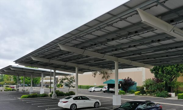 Solar carport canopies shading parking stalls, seen from ground level